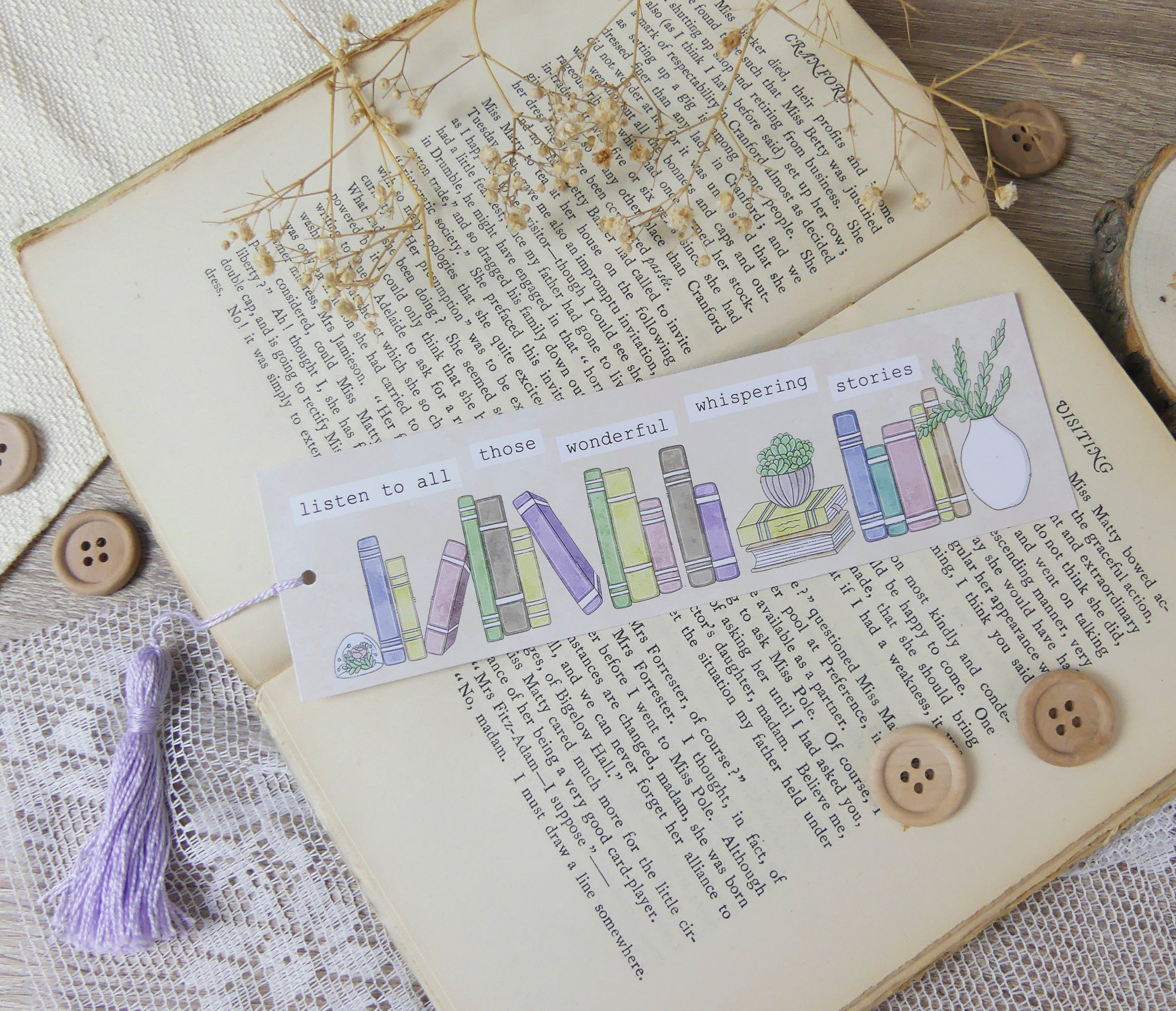library bookmark with purple tassel 