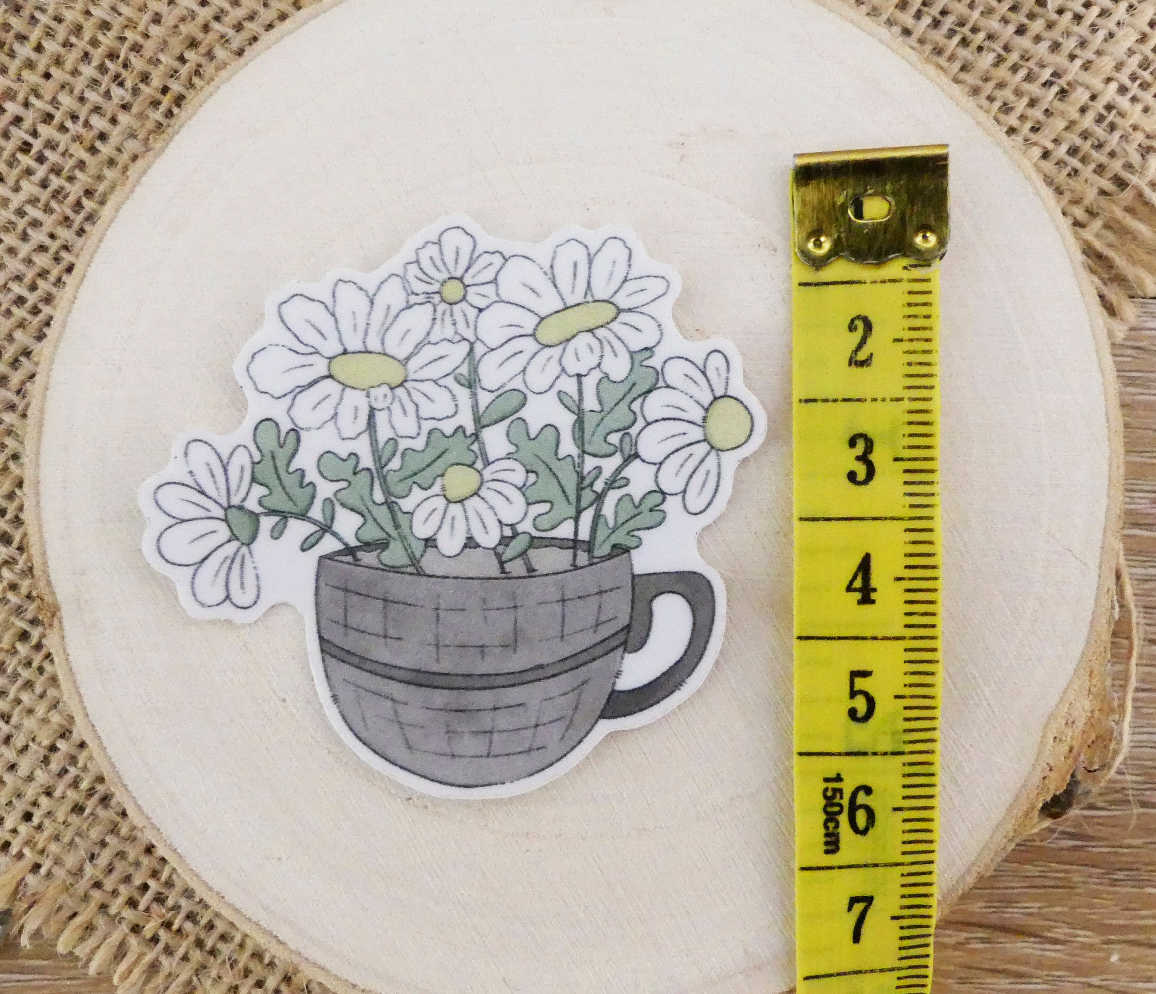 cup of daisies vinyl sticker with tape measure