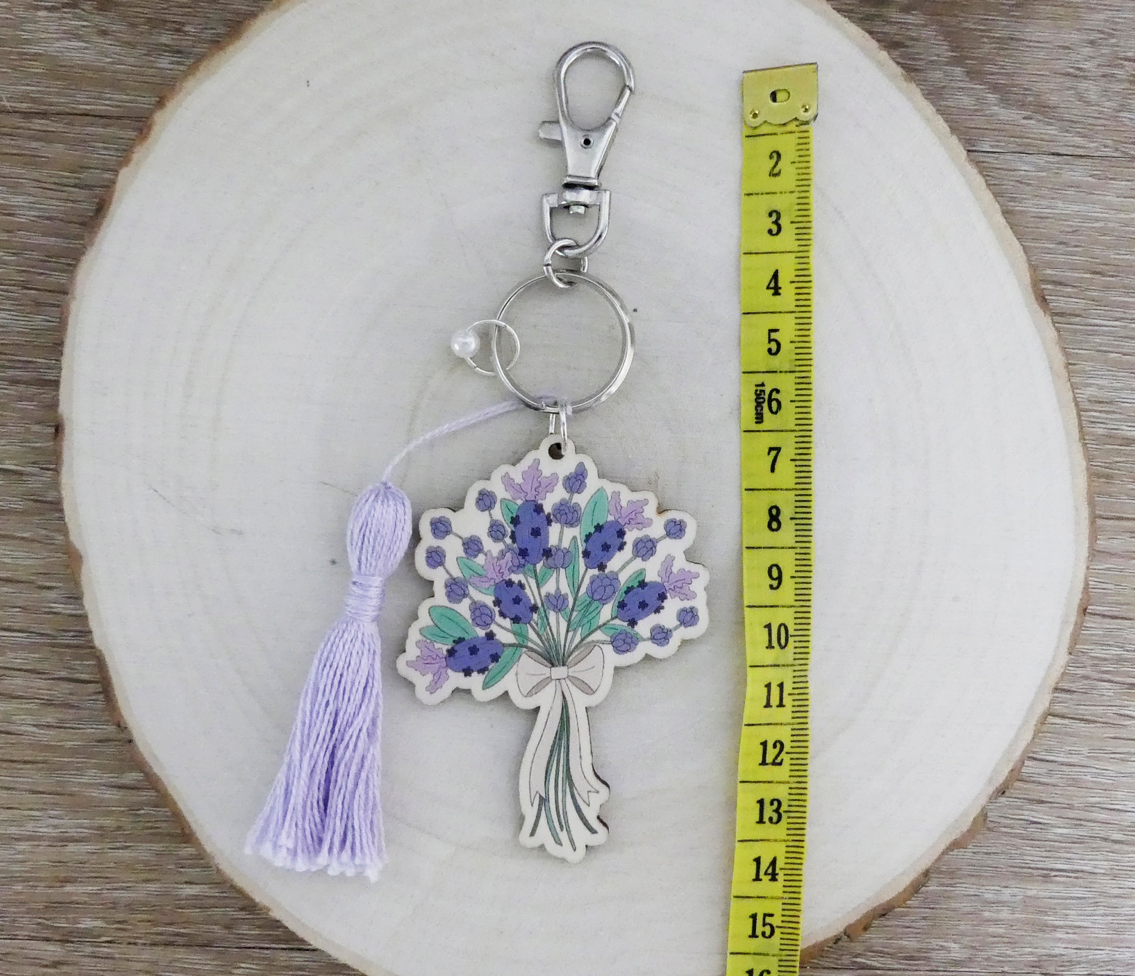 lavender key chain with tape measure
