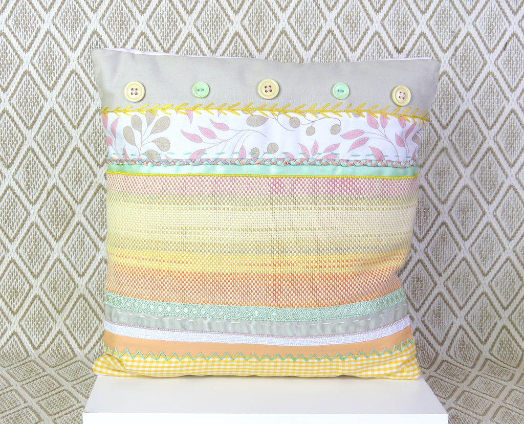 Hand embroidered patchwork pocket pillow