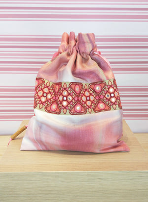 Pink brocade draw string bag