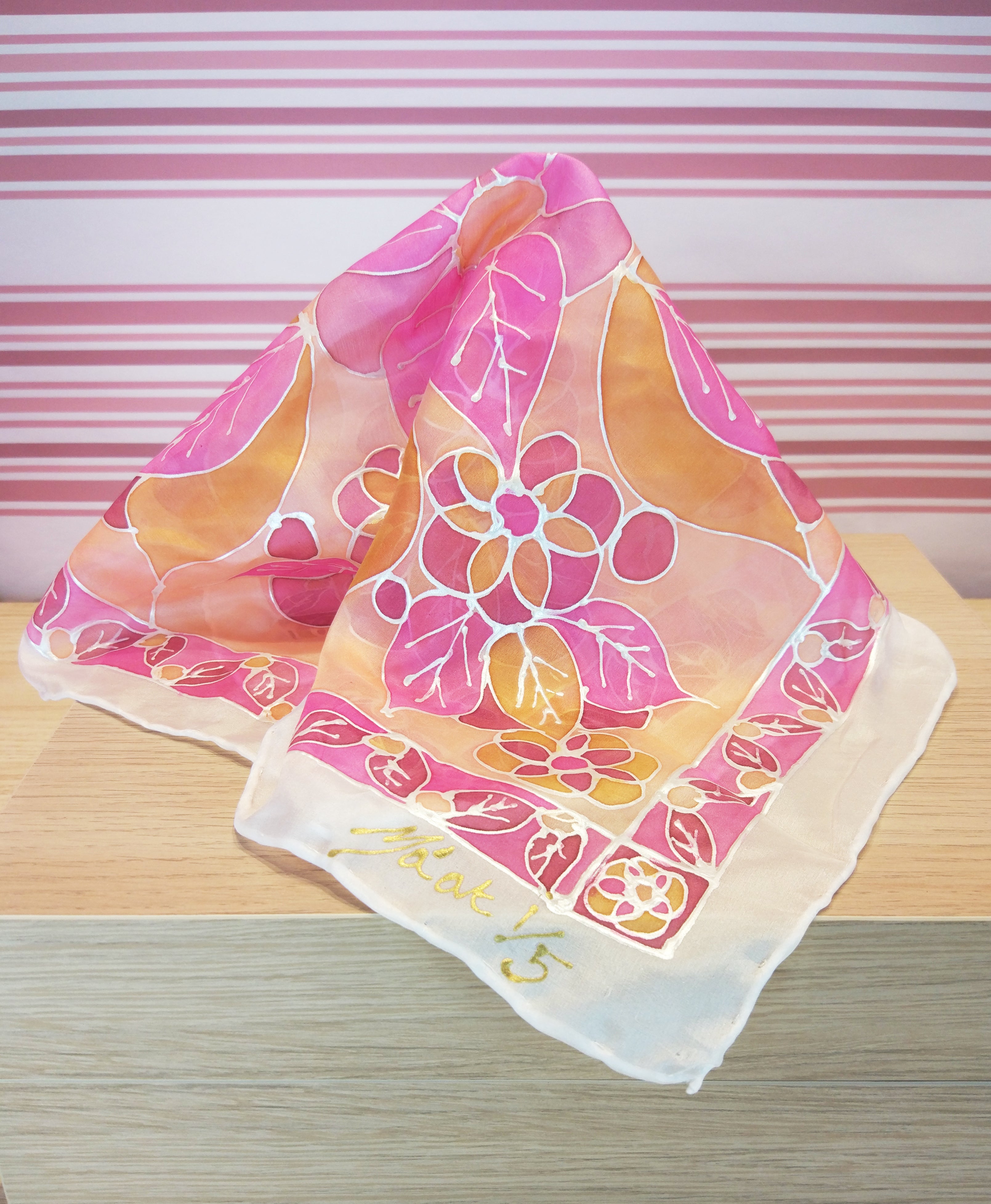 Hand Painted Small Silk Square - Pink Floral