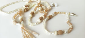 Beaded necklace, bracelet and glass earing set - natural