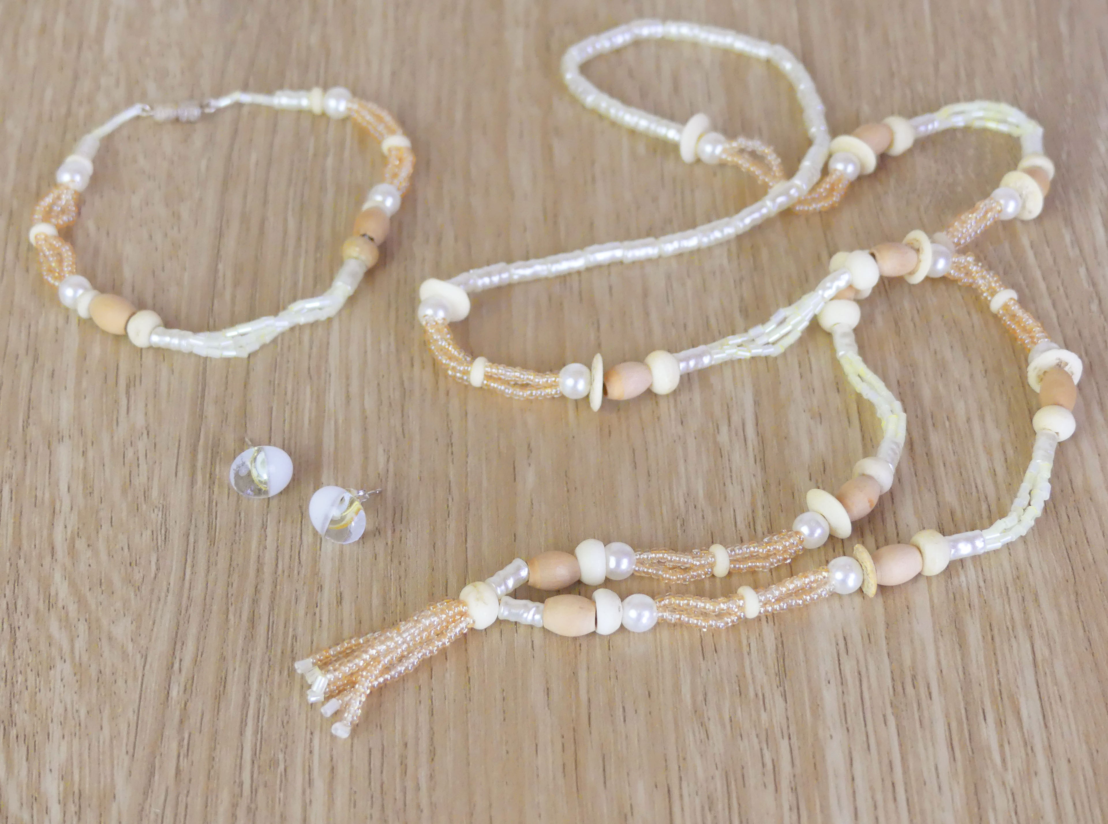 Beaded necklace, bracelet and glass earing set - natural